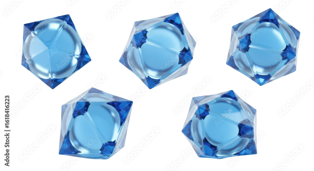 Poster 3d rendered translucent blue geometric shapes floating in a studio environment with a blurred white 