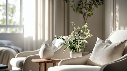 Sunlit Bedroom Interior with White Armchairs Beige Pillows and White Flowers in a Modern Vase on Wooden Side Table