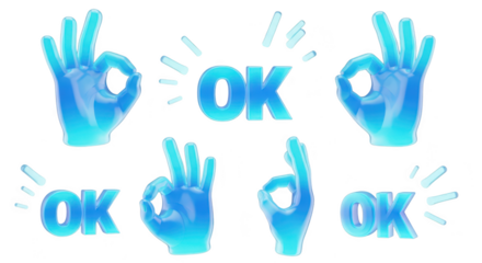 3D blue hands making okay gestures with OK text set against white backdrop for approval/agreement visuals