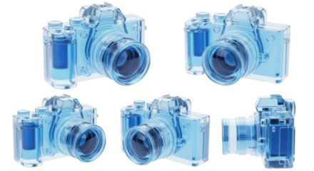 Multiple views of transparent blue cameras against a white background suitable for technology photography or abstract design
