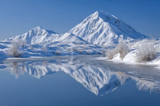 frozen lake surrounded by snow-capped mountains under clear blue sky, sunlight reflecting on ice surface, minimal winter beauty, no text.
