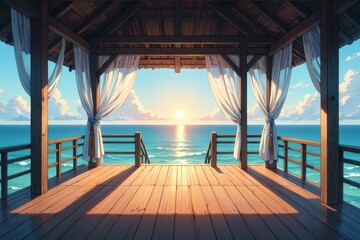 Serene sunrise view from a tropical wooden gazebo overlooking the tranquil ocean. A peaceful vacation escape concept.