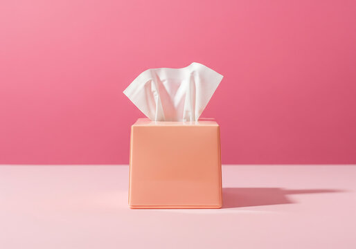 A peach colored tissue box with white tissues on a pink background
