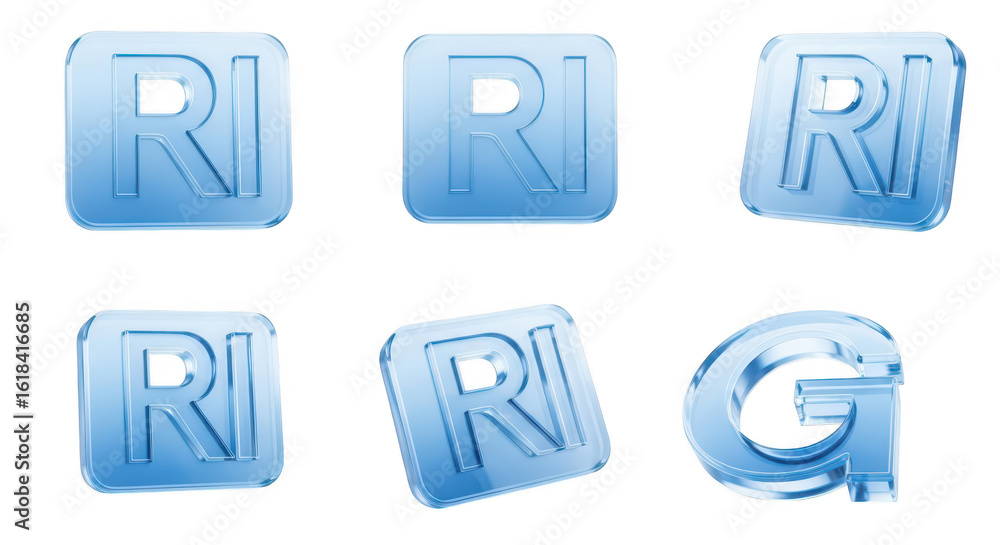 Poster blue transparent letter ?ri? and ?g? squares are shown in different angles isolated on white backgro