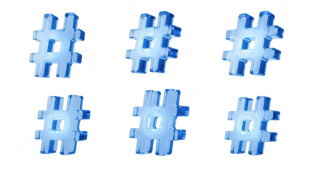 Six blue translucent hashtags in various positions isolated on a white background symbolizing social media trends usable for digital marketing