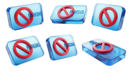 Blue 3D No Parking signs various angles indicating parking prohibition on a white studio background usable for urban traffic regulation