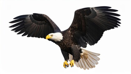 Obraz premium Stunning image of a bald eagle soaring with wings spread wide, showcasing its powerful presence and keen eyesight.