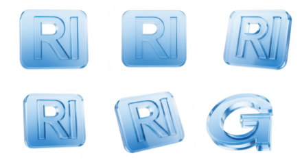 Blue transparent letter ?RI? and ?G? squares are shown in different angles isolated on white background perfect for a digital business or website