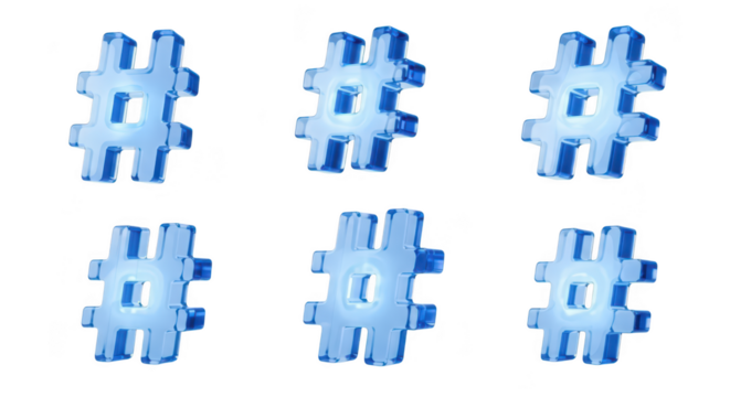 Six blue translucent hashtags in various positions isolated on a white background symbolizing social media trends usable for digital marketing