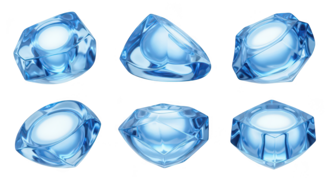 Six blue gem-shaped ice cubes isolated on white each at different angles for product visuals or refreshing drink images