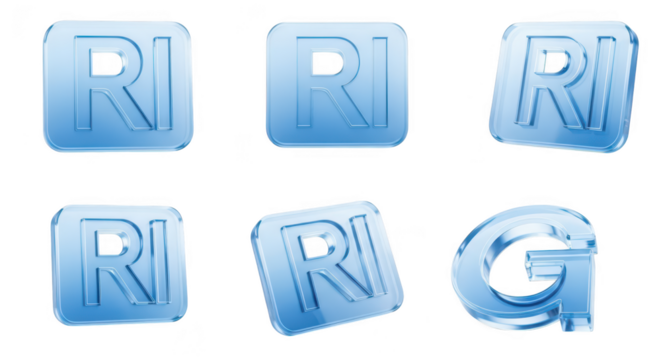 Blue transparent letter ?RI? and ?G? squares are shown in different angles isolated on white background perfect for a digital business or website