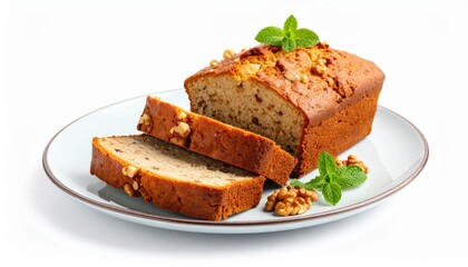 Delicious homemade banana bread with walnuts, served on a white plate, garnished with fresh mint leaves.