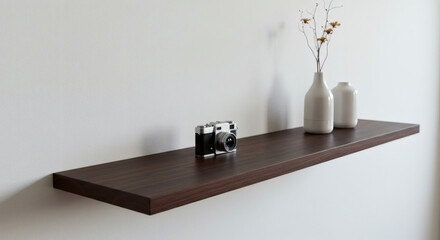 Dark brown wooden floating shelf with decorative items.