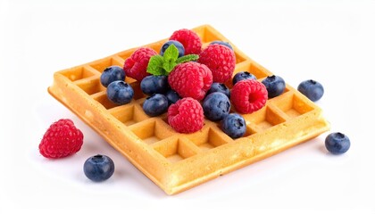A close-up of a golden waffle adorned with fresh raspberries and blueberries, garnished with a mint leaf.