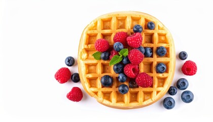 A close-up of a golden waffle garnished with fresh raspberries, blueberries, and mint leaves on a clean white background.