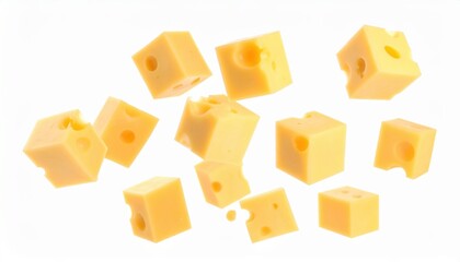 Close-up of Swiss cheese cubes with distinctive holes, isolated on a white background, highlighting texture and color.