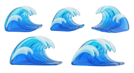 3D rendered blue cartoon waves rolling with white foam against a plain white background suitable for design elements or illustrations