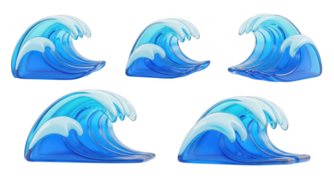 3D rendered blue cartoon waves rolling with white foam against a plain white background suitable for design elements or illustrations