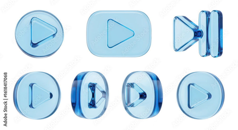 Poster Transparent blue play/pause buttons are isolated on a white background showing different views for interface design