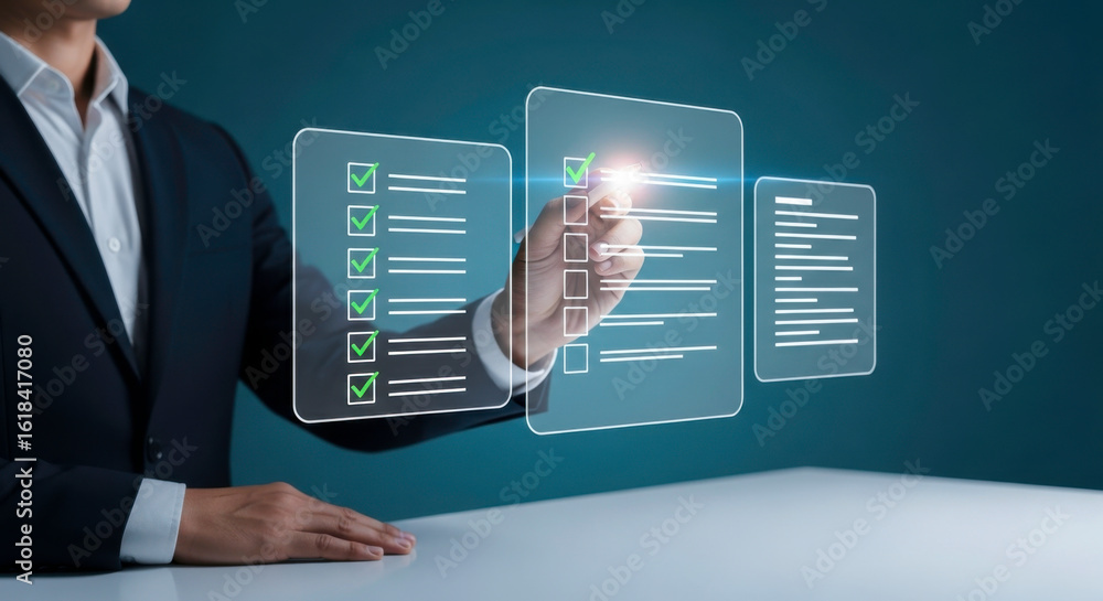 Poster businessman checklist task management project planning efficiency productivity organization process 