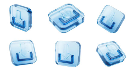 Transparent blue glass download icons angled on white background representing file transfer software installation and digital accessibility