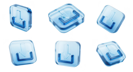 Transparent blue glass download icons angled on white background representing file transfer software installation and digital accessibility