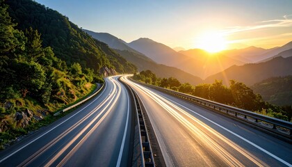 ** Captivating view of a mountain highway at sunset with light trails and lush greenery, showcasing nature's beauty and tranquility. **