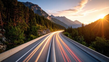 ** A stunning view of a highway through mountains at sunset, with light trails and forested peaks. **