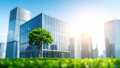 A sleek glass office building with a tree in the foreground, set against a bright urban skyline with sunlight.