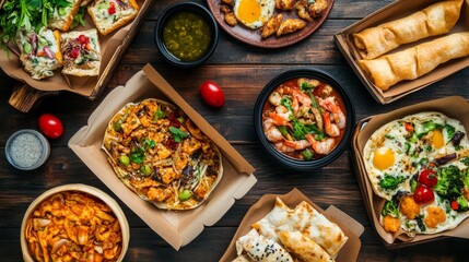Assorted delicious takeaway meals from food delivery service arranged on rustic wooden table background with fresh ingredients and packaging for convenient dining concept