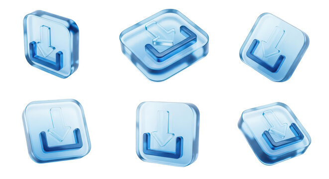 Transparent blue glass download icons angled on white background representing file transfer software installation and digital accessibility