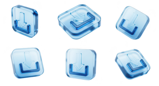 Transparent blue glass download icons angled on white background representing file transfer software installation and digital accessibility