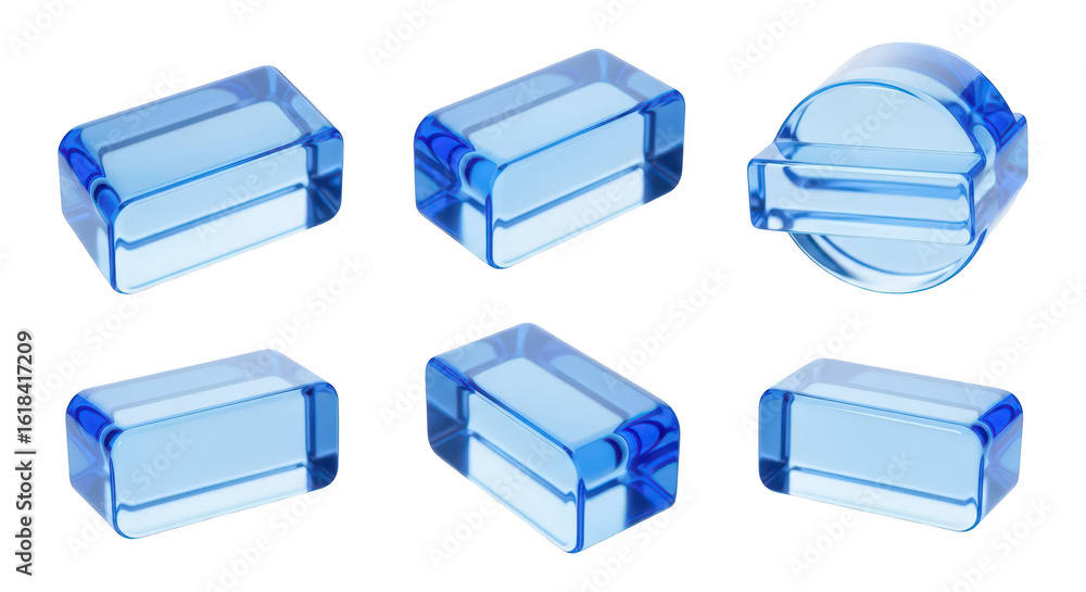 Aufkleber isometric view of six translucent blue geometric shapes showing light refraction arranged on a white