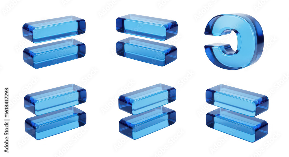 Poster transparent blue glass equal sign and c symbols floating on white illustrating math logic concept an