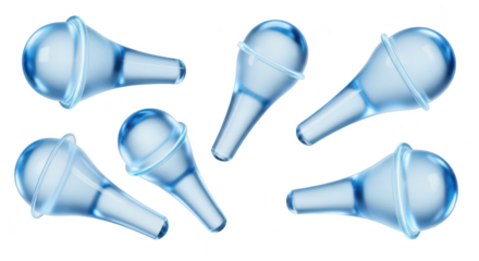 Several clear ear syringes arranged on a white backdrop illustrating medical cleaning tools for healthcare use