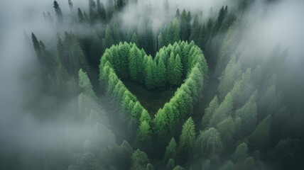 A heartshaped forest is surrounded by fog, creating a serene scene
