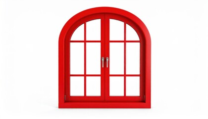A striking red arched window frame with clear glass panes, set against a clean white background, showcasing modern design.