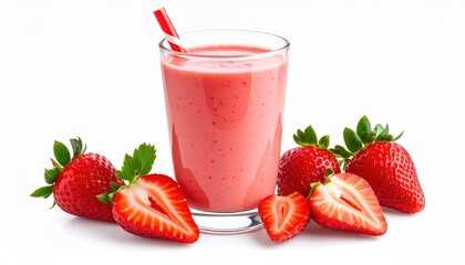 Delicious strawberry smoothie in a glass surrounded by fresh strawberries, perfect for healthy eating and refreshing drinks.