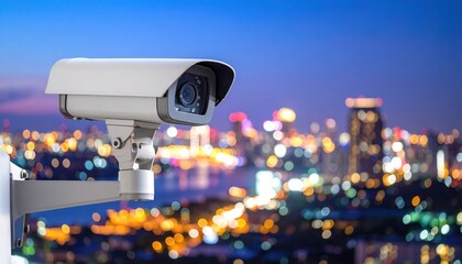 Close-up of a security camera with a blurred city skyline and colorful bokeh lights in the background.
