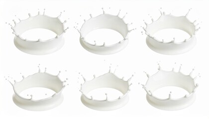 Captivating series of six milk splash crowns captured in high-speed photography against a white backdrop.
