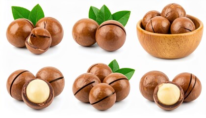 High-resolution image of macadamia nuts with leaves and a wooden bowl, perfect for culinary, health, and natural product themes.