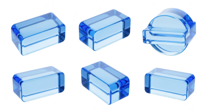 Isometric view of six translucent blue geometric shapes showing light refraction arranged on a white background suitable for design elements