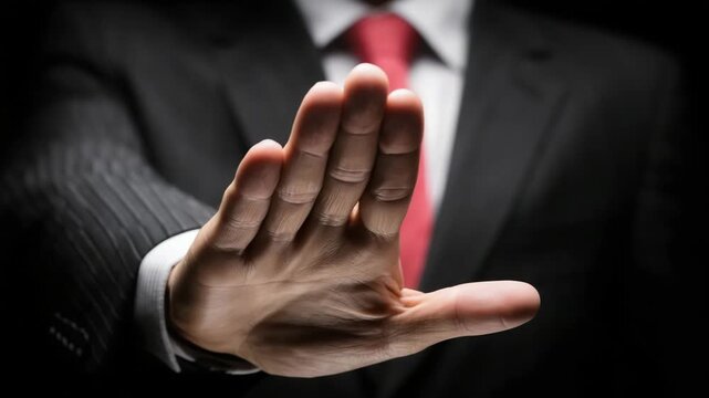 A businessman wearing a suit gesturing the stop sign. 