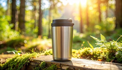 Stainless steel travel mug on a wooden log in a sunlit forest, ideal for eco-conscious outdoor enthusiasts.