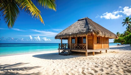 Idyllic tropical beach scene featuring a wooden hut with a thatched roof on white sand, surrounded by palm trees and turquoise waters.
