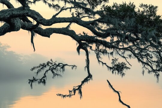 Silhouette of a moss-draped oak tree over a tranquil, misty sunrise.