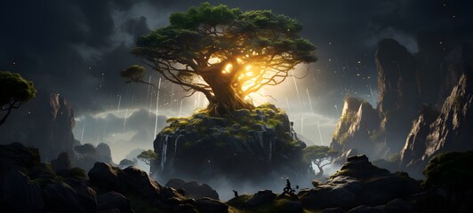 Epic fantasy landscape of towering ancient tree growing from cliff art, generative ai