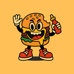 Cartoon Burger Mascot with Sauce Bottle – Fun Fast Food Character Vector Illustration