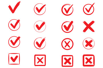 Check marks doodle set. Vote, yes, no, checkbox, checklist, tick and cross signs, v and x drawn concept. Hand drawn doodle sketch style vector illustration