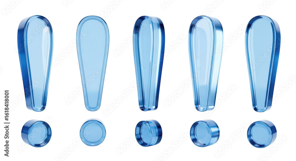 Poster five translucent blue exclamation marks isolated on white symbolizing attention or alerts for variou